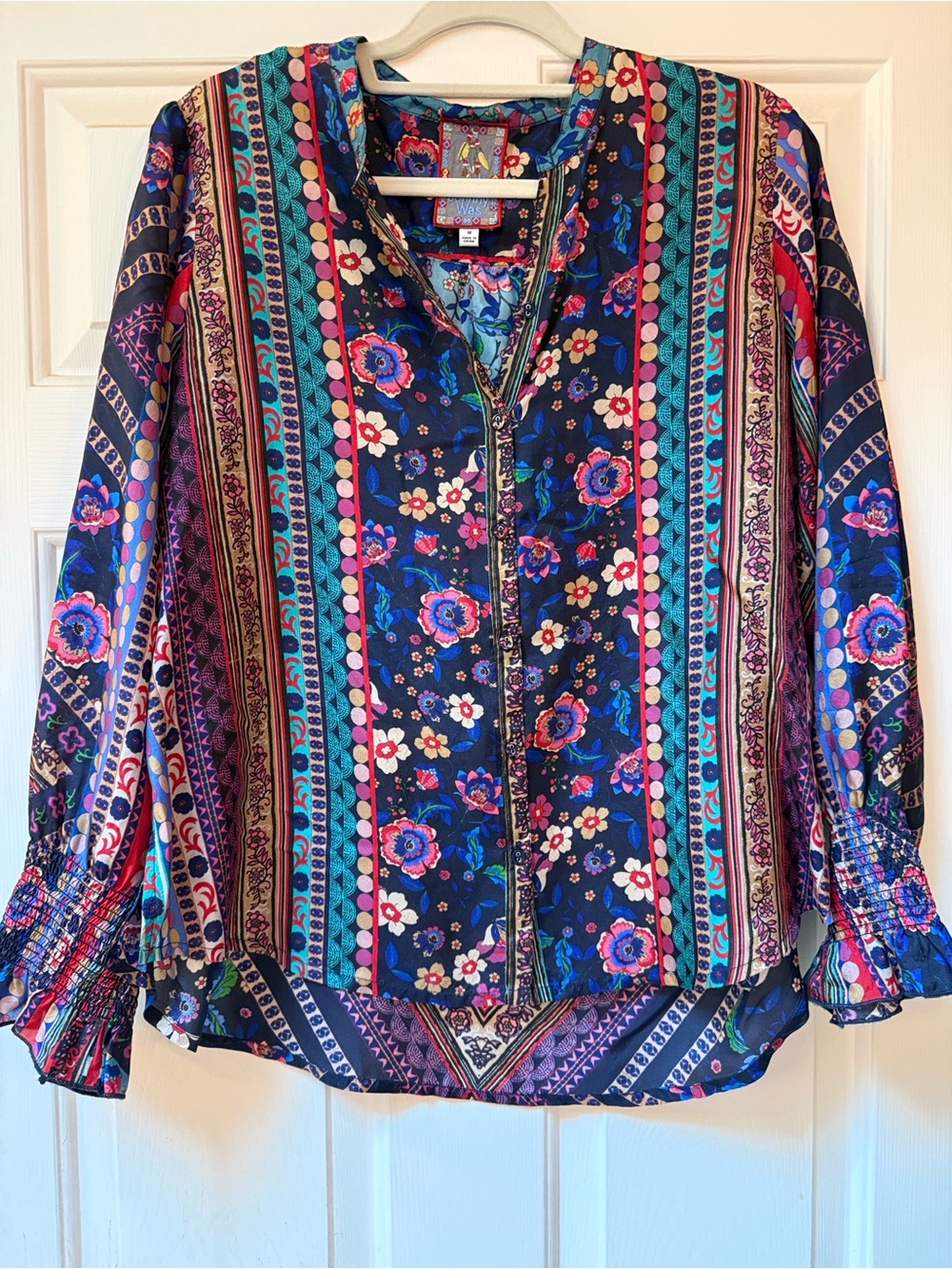 Johnny Was Navy Multi Floral Zip Blouse with Teal & Pink Accents